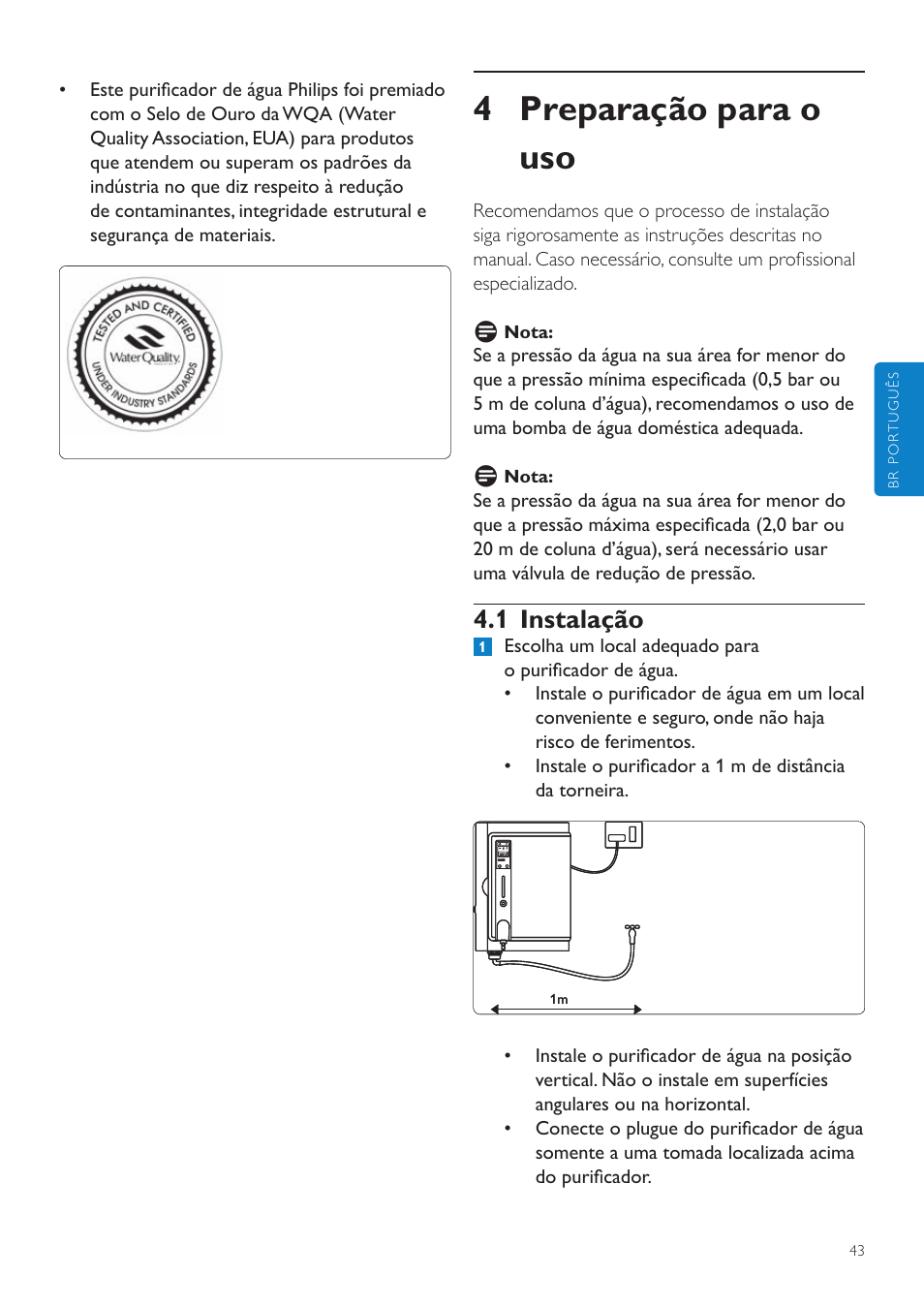 1 descrição do painel, 5 recursos, 4 preparação para o uso | 1 instalação | Philips WP3890 User Manual | Page 43 / 80
