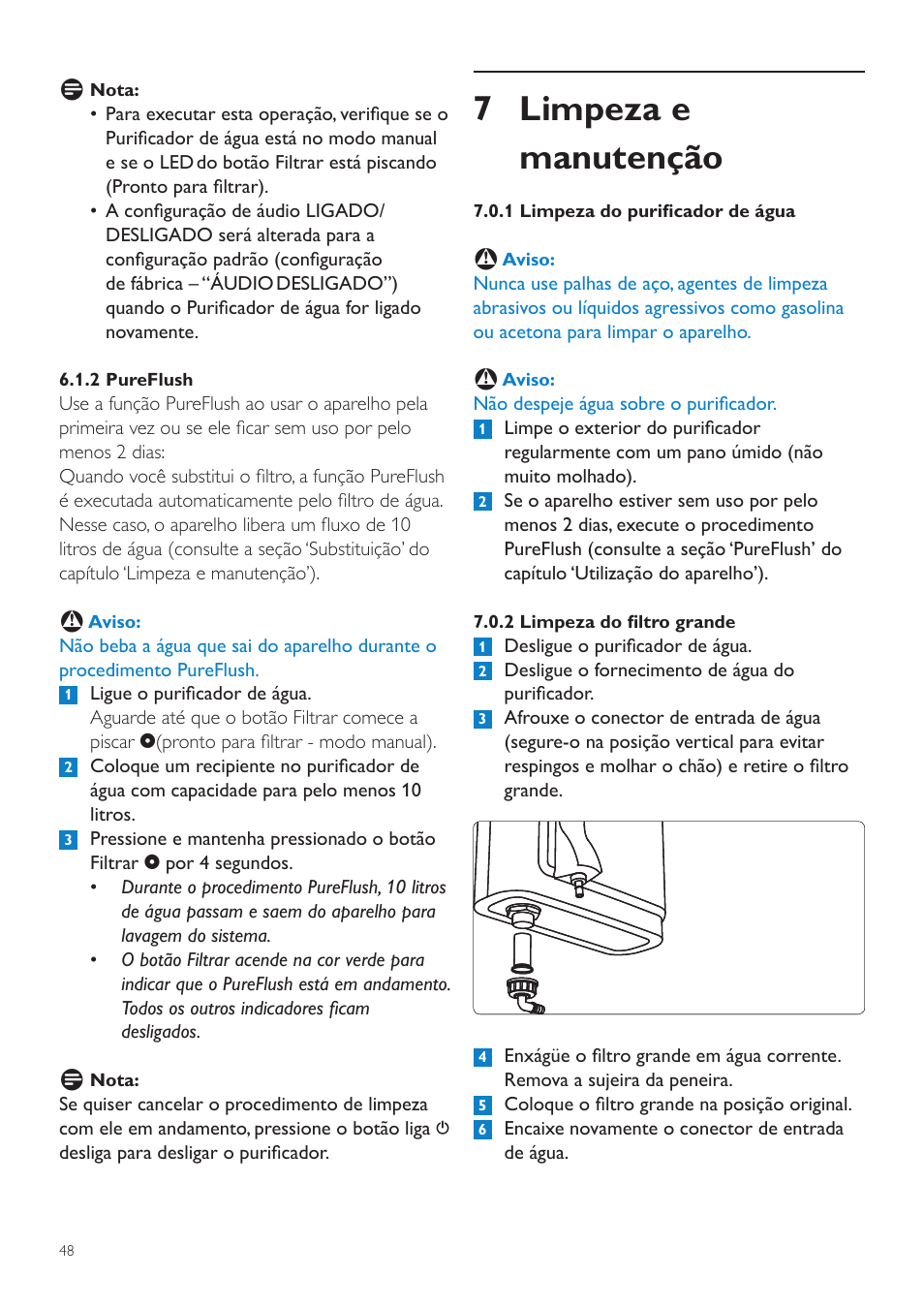 5 confirmação da substituição do filtro, 7 limpeza e manutenção | Philips WP3890 User Manual | Page 48 / 80