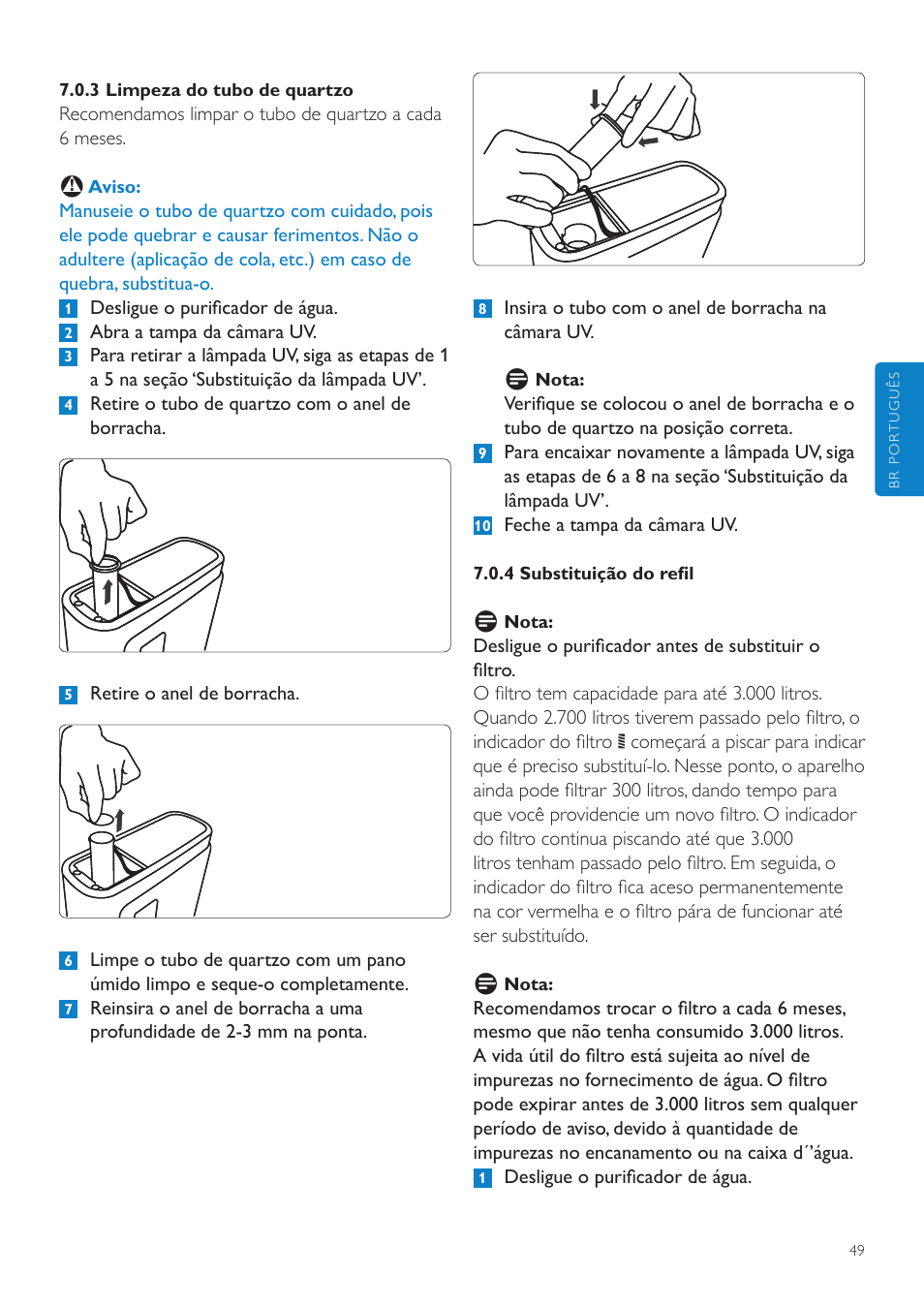 6 substituição da lâmpada uv, 7 itens de reposição, 8 descarte | Philips WP3890 User Manual | Page 49 / 80