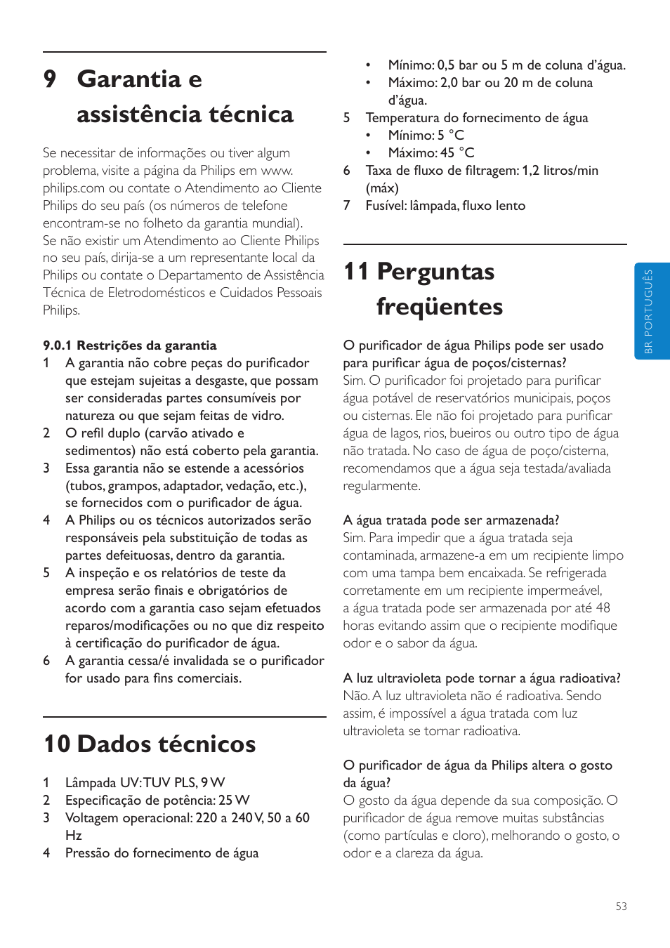 9 garantia e assistência técnica, 10 dados técnicos, 11 perguntas freqüentes | Philips WP3890 User Manual | Page 53 / 80