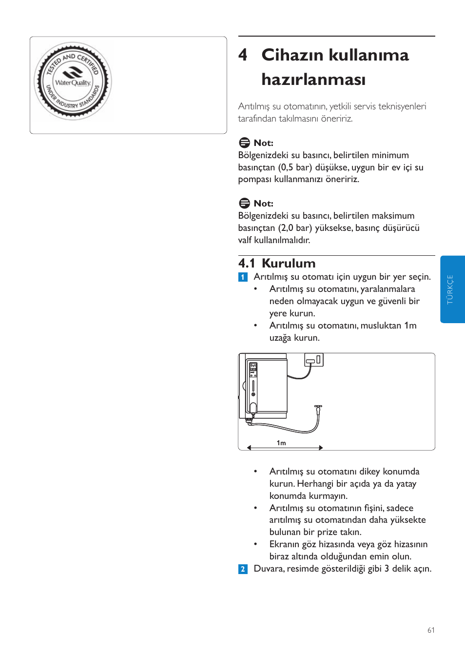 4 cihazın kullanıma hazırlanması, 1 kurulum | Philips WP3890 User Manual | Page 61 / 80