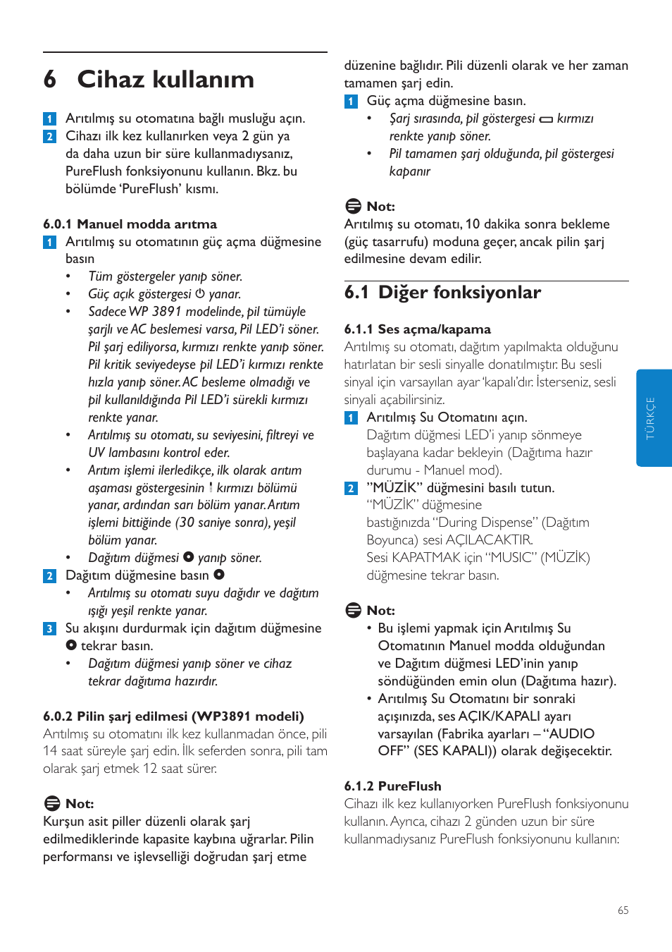 4 filtre değiştirilmesi, 6 cihaz kullanım, 1 diğer fonksiyonlar | Philips WP3890 User Manual | Page 65 / 80