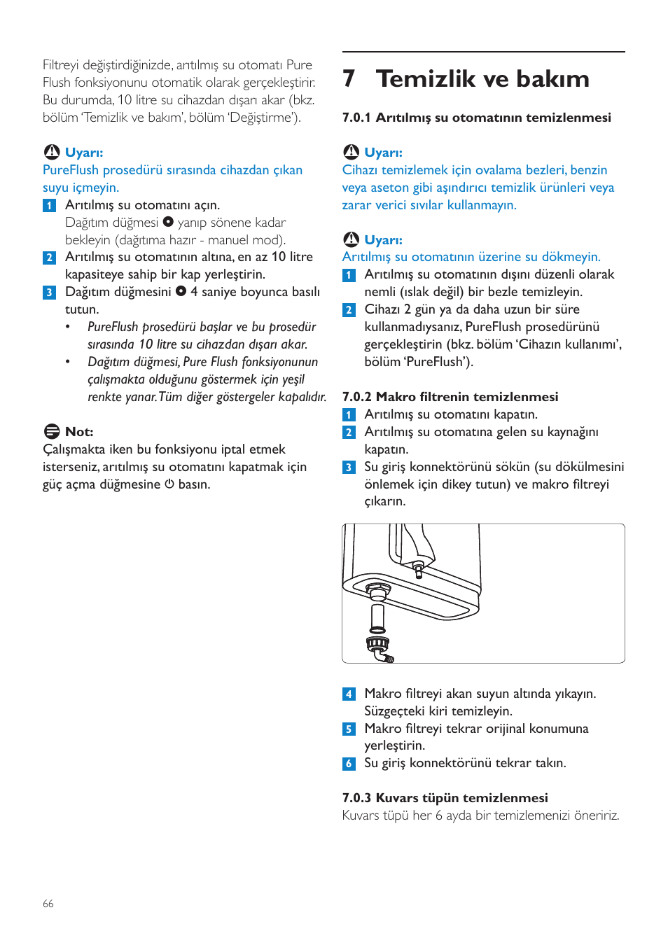 5 filtre değişimini onaylama, 6 uv lamba ünitesinin değiştirilmesi, 7 temizlik ve bakım | Philips WP3890 User Manual | Page 66 / 80