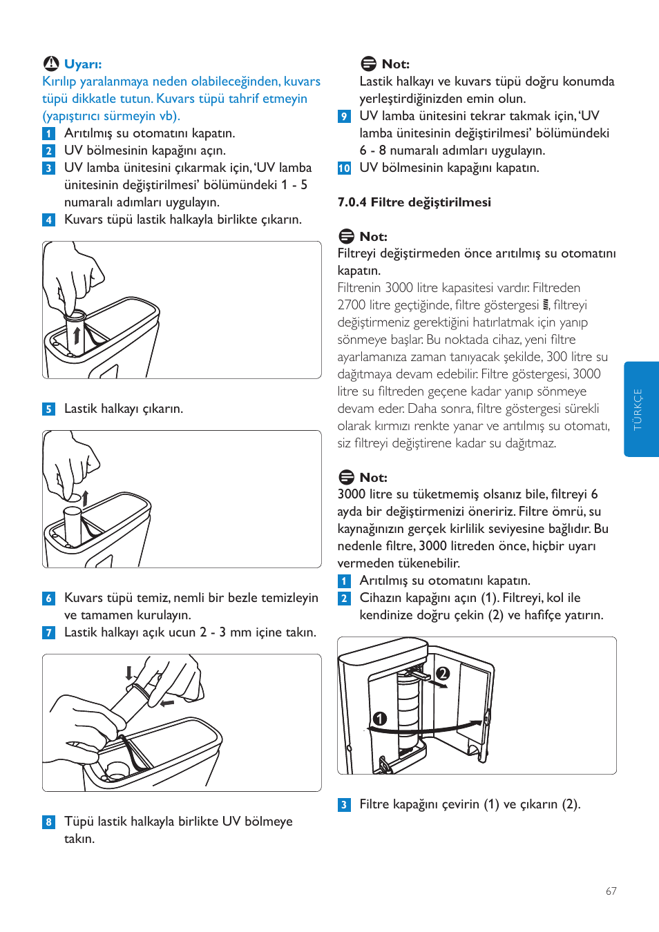 7 yedek parçalar, 1 şarj edilebilir pilin çıkarılması, 8 atılması | 9 garanti ve servis | Philips WP3890 User Manual | Page 67 / 80