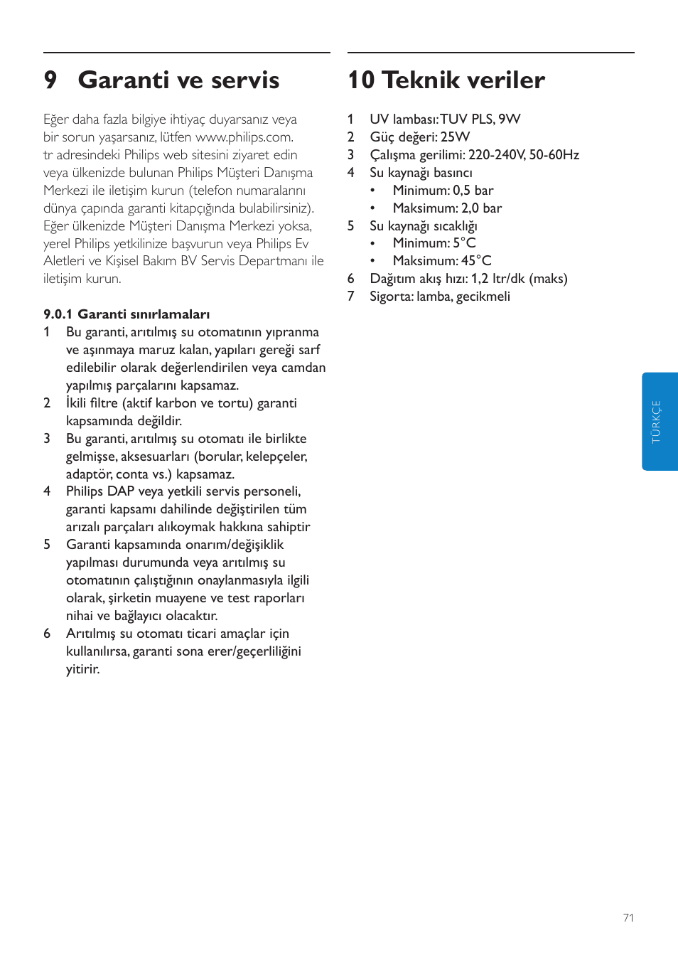 9 garanti ve servis, 10 teknik veriler | Philips WP3890 User Manual | Page 71 / 80