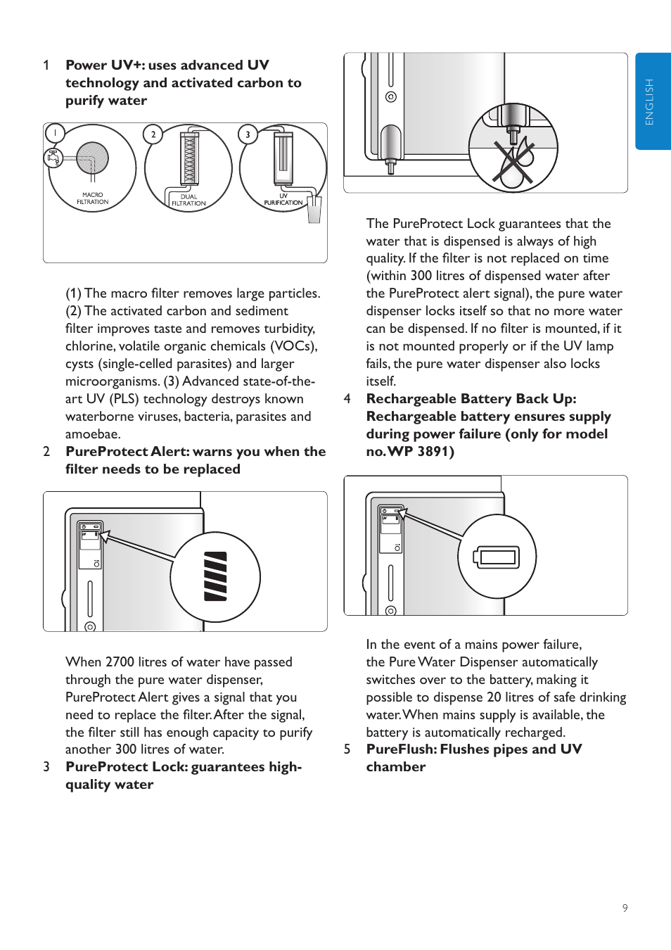 2 charging the battery (type wp3891), 1 other functions, 1 audio on/off | 2 pureflush | Philips WP3890 User Manual | Page 9 / 80