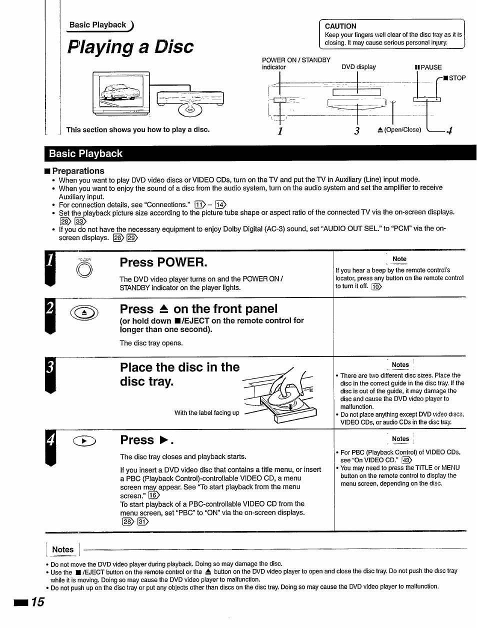 Basic playback, Playing a disc, Press power | Press, On the front panel, Q place the disc in the, Disc tray | Philips DVD420AT User Manual | Page 16 / 48