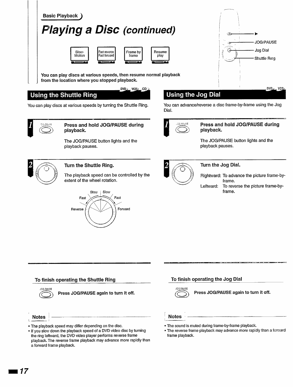 Using the shuttle ring, Using the jog dial, Playing a disc | Continued), Using the shuttle ring using the jog dial | Philips DVD420AT User Manual | Page 18 / 48