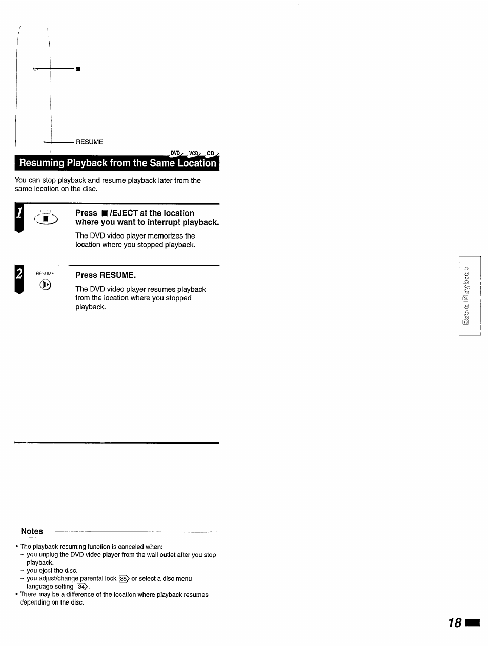 Resuming playback from the same location | Philips DVD420AT User Manual | Page 19 / 48