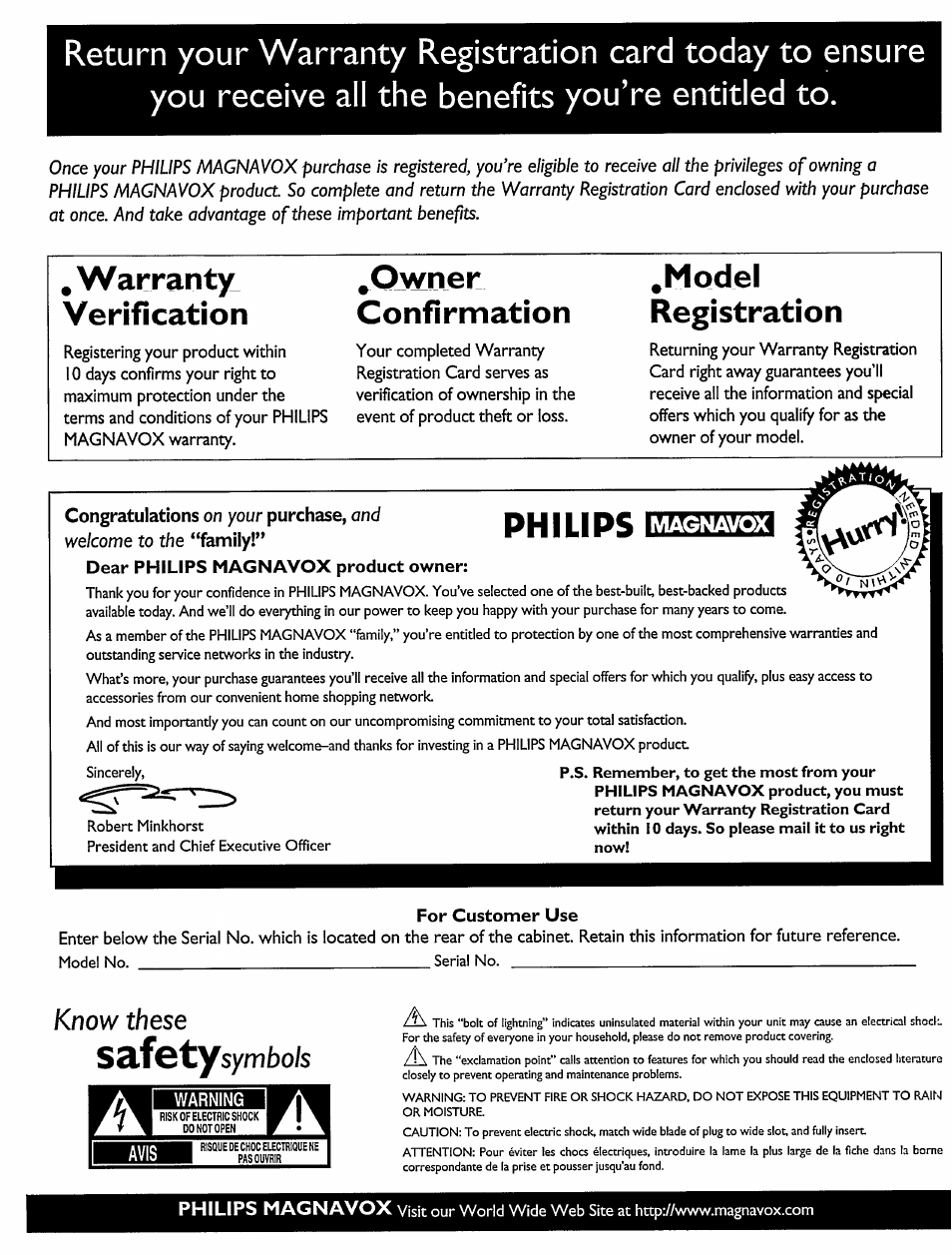 Philips, Warranty: verification, Owner confirmation | Model registration, Know these | Philips DVD420AT User Manual | Page 2 / 48