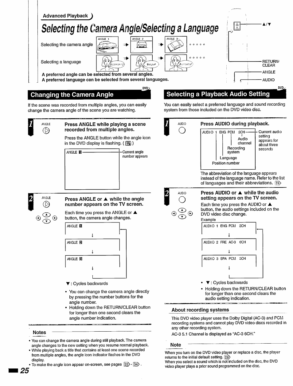 Selecting a playback audio setting, Selecting the camera angle/selecting a language | Philips DVD420AT User Manual | Page 26 / 48