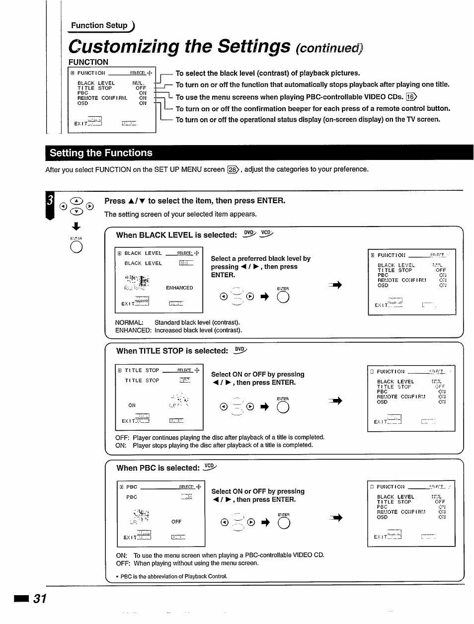 Setting the functions, Customizing the settings, Continued) | Philips DVD420AT User Manual | Page 32 / 48