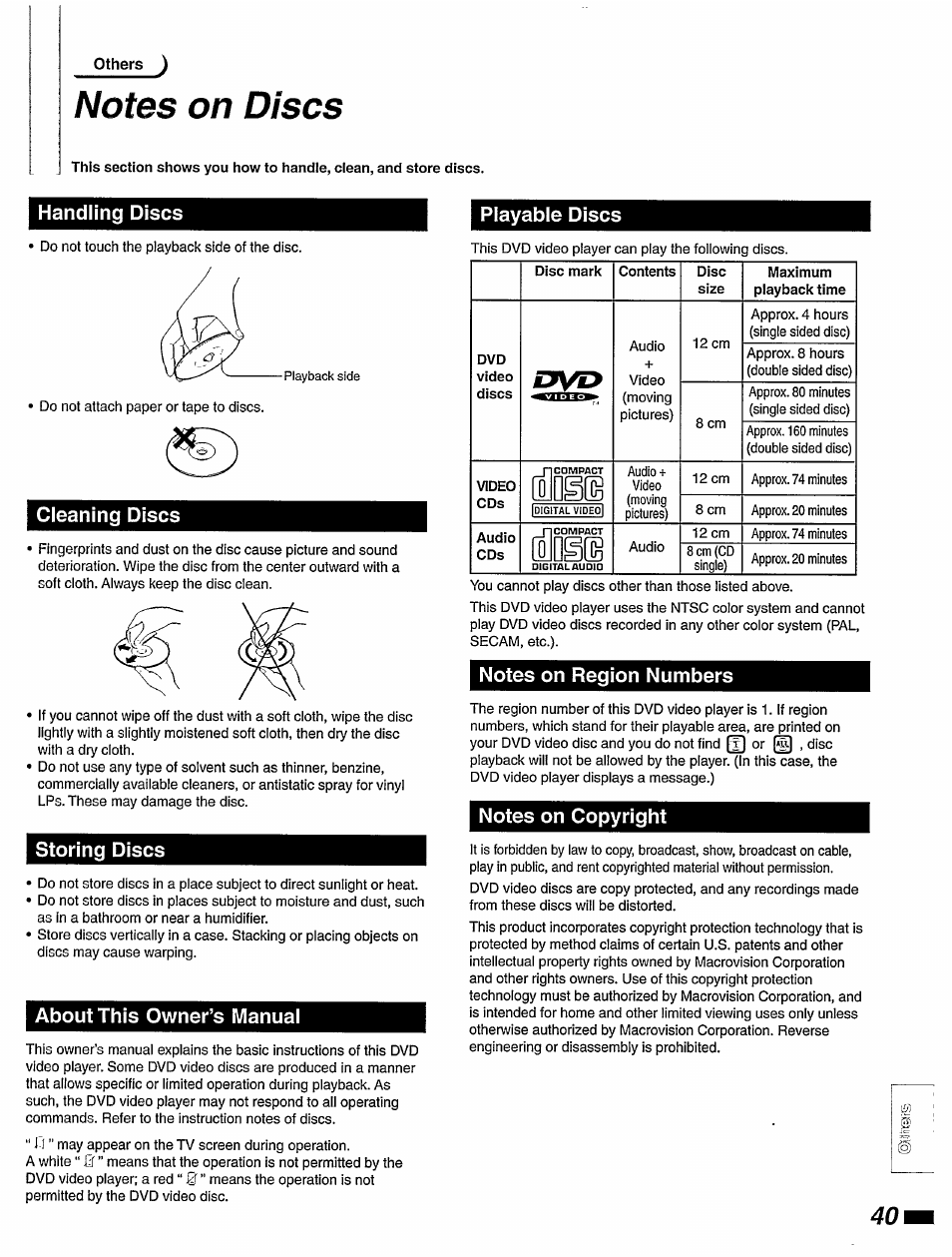 Notes on discs, Handling discs, Cieaning discs | Storing discs, About this owner’s manuai, Notes on region numbers, Notes on copyright, Playable discs | Philips DVD420AT User Manual | Page 41 / 48