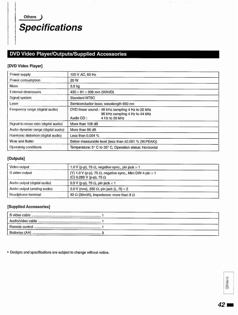 Specifications, Dvd video player/outputs/supplied accessories | Philips DVD420AT User Manual | Page 43 / 48