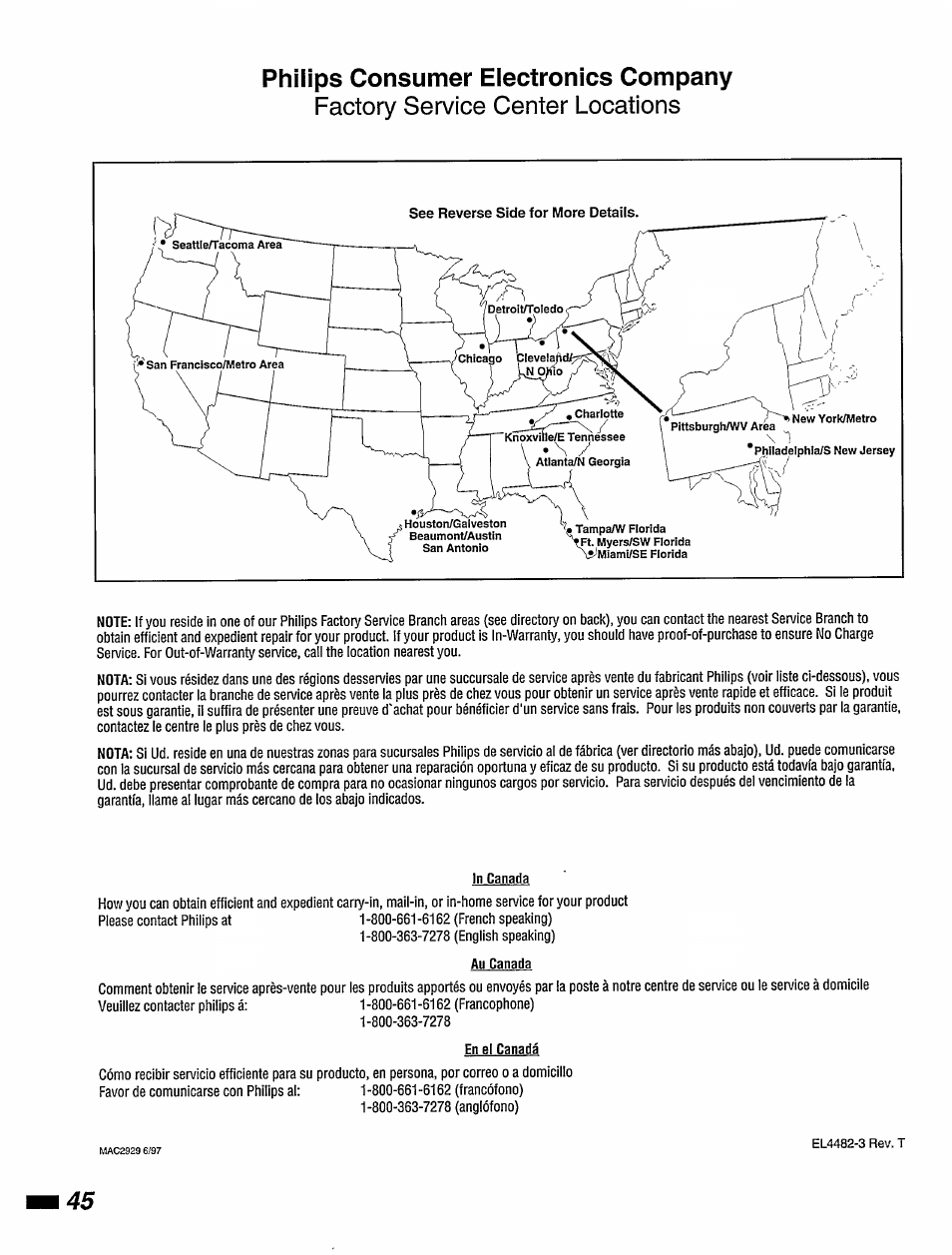 Factory service center locations, Philips consumer eiectronics company | Philips DVD420AT User Manual | Page 46 / 48