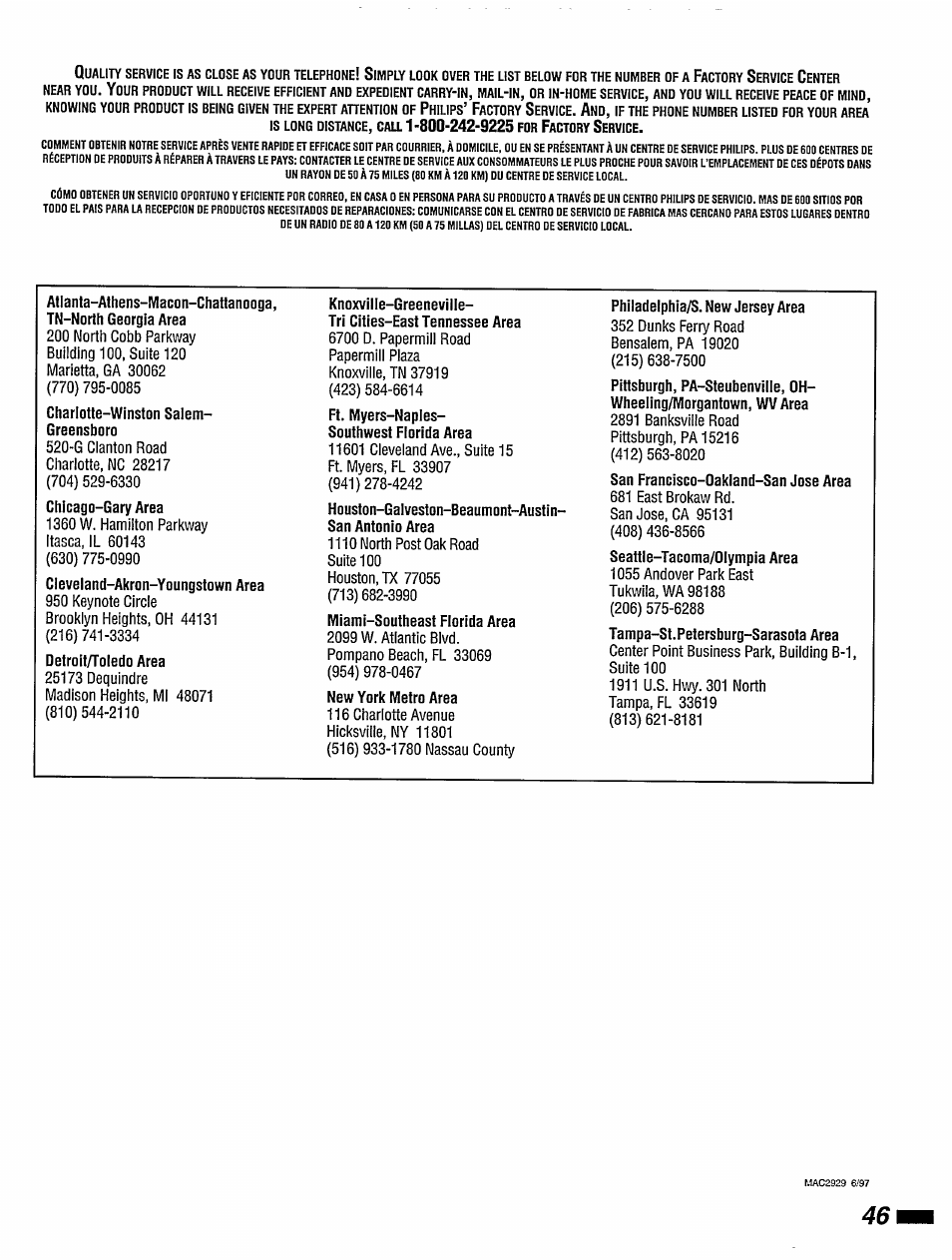 Charlotte-winston salem- greensboro, Chicago-gary area, Cleveland-akron-youngstown area | Detroit/toledo area, Ft. myers-naples- southwest florida area, Miami-southeast florida area, New york metro area, Philadelphiays. new jersey area, San francisco-oakland-san jose area, Seattle-tacoma/olympia area | Philips DVD420AT User Manual | Page 47 / 48