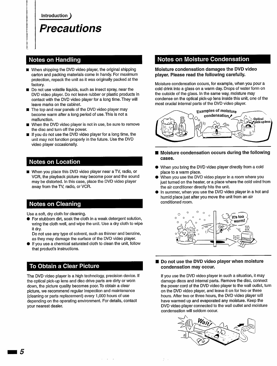 Precautions, Notes on location, Notes on cleaning | To obtain a clear picture, Notes on moisture condensation | Philips DVD420AT User Manual | Page 6 / 48