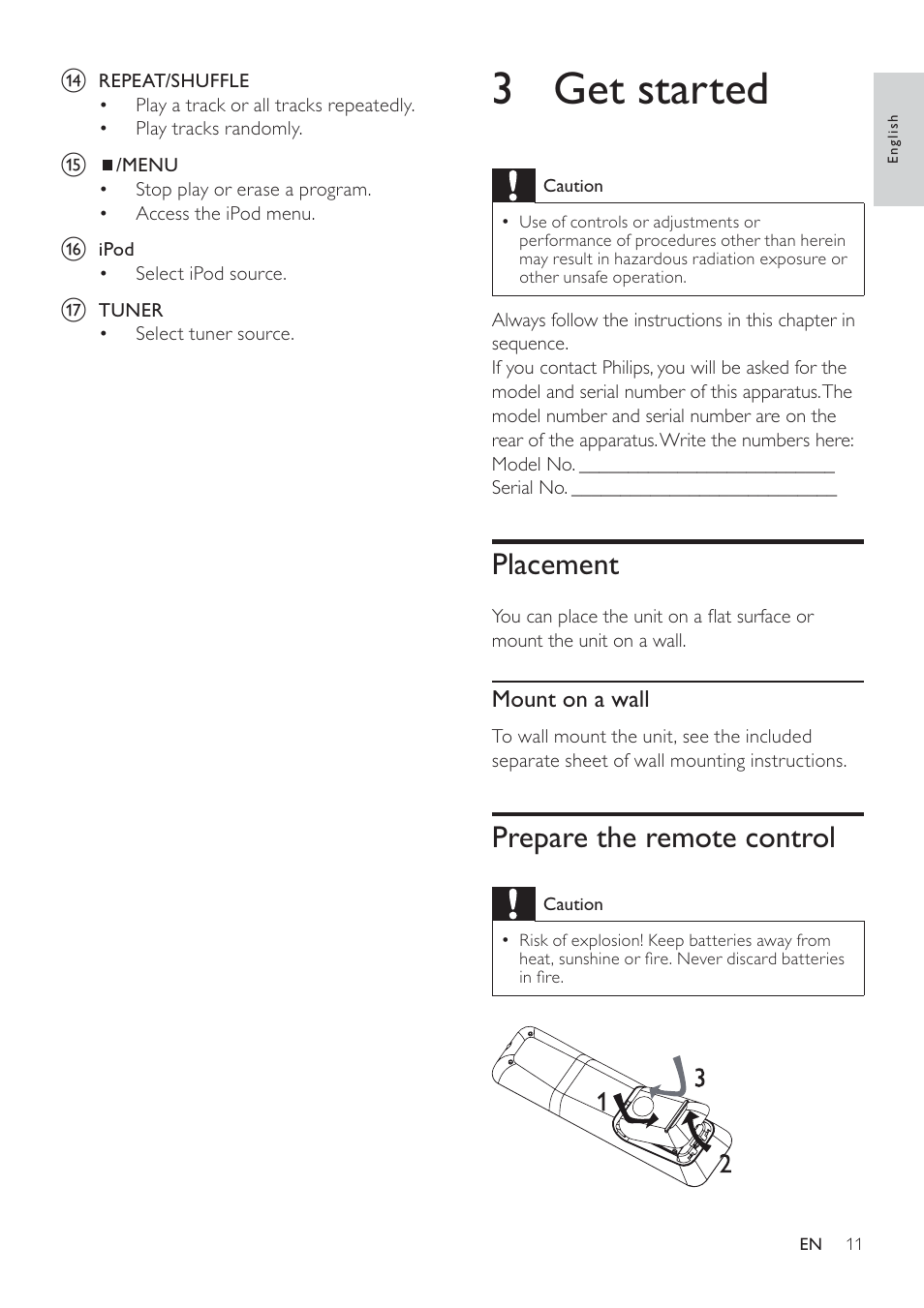 3 get started, Placement, Prepare the remote control | Philips DCM276/37 User Manual | Page 11 / 21
