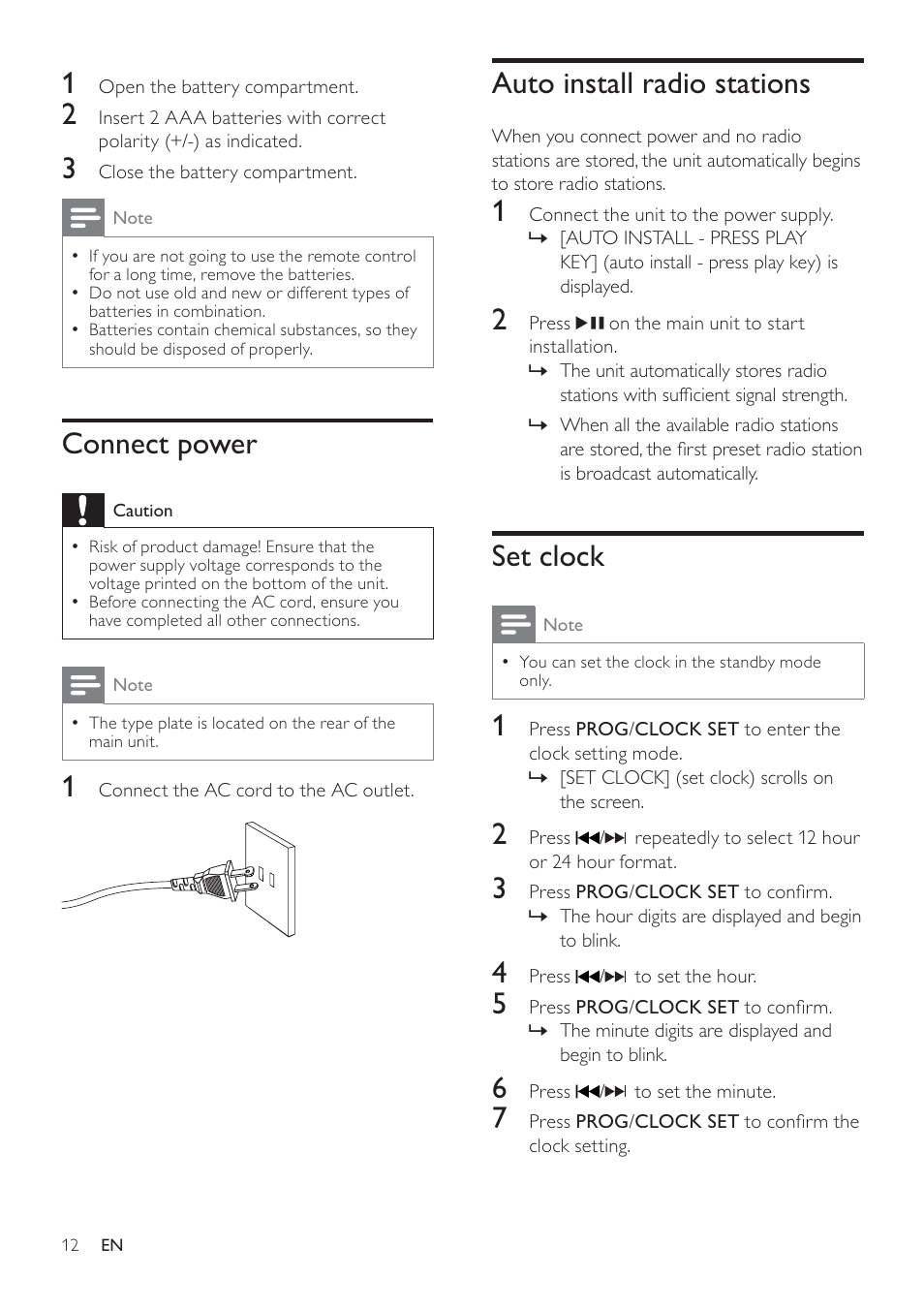 Auto install radio stations, Set clock, Connect power | Philips DCM276/37 User Manual | Page 12 / 21