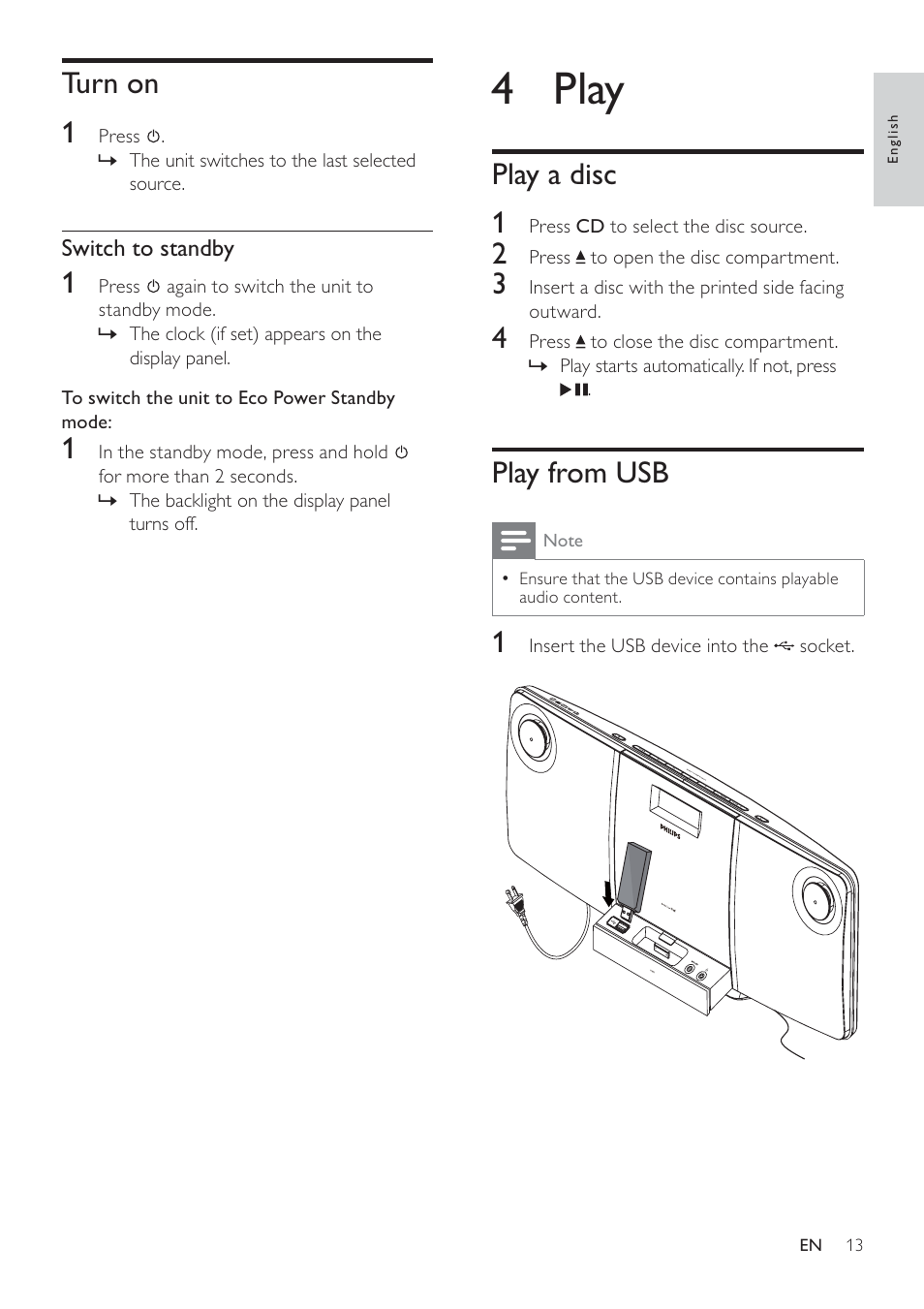 4 play, Play a disc 1, Play from usb | Turn on 1 | Philips DCM276/37 User Manual | Page 13 / 21