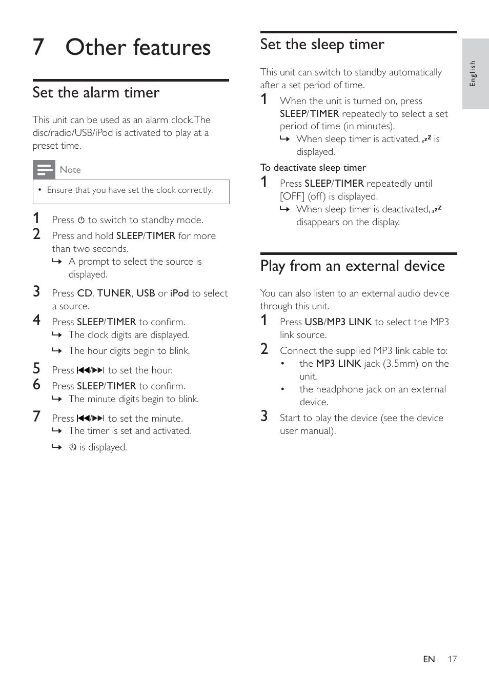 7 other features, Set the sleep timer, Play from an external device | Set the alarm timer | Philips DCM276/37 User Manual | Page 17 / 21