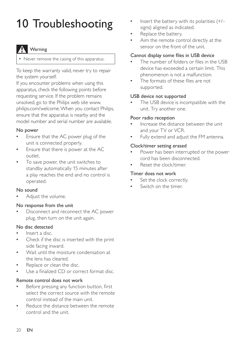 10 troubleshooting | Philips DCM276/37 User Manual | Page 20 / 21