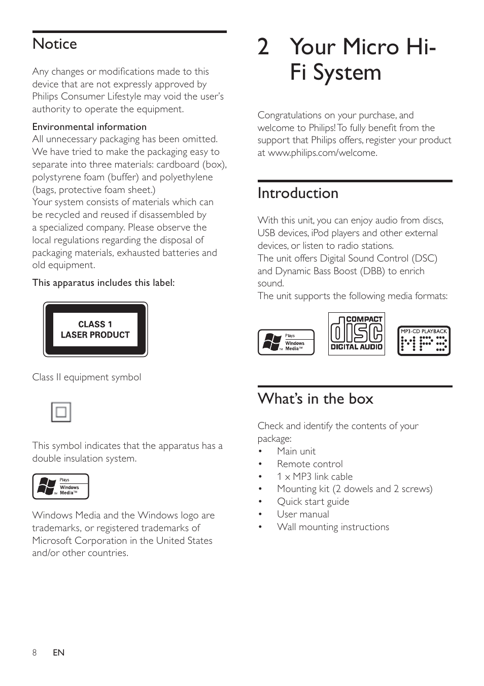 2 your micro hi- fi system, Introduction, What’s in the box | Notice | Philips DCM276/37 User Manual | Page 8 / 21