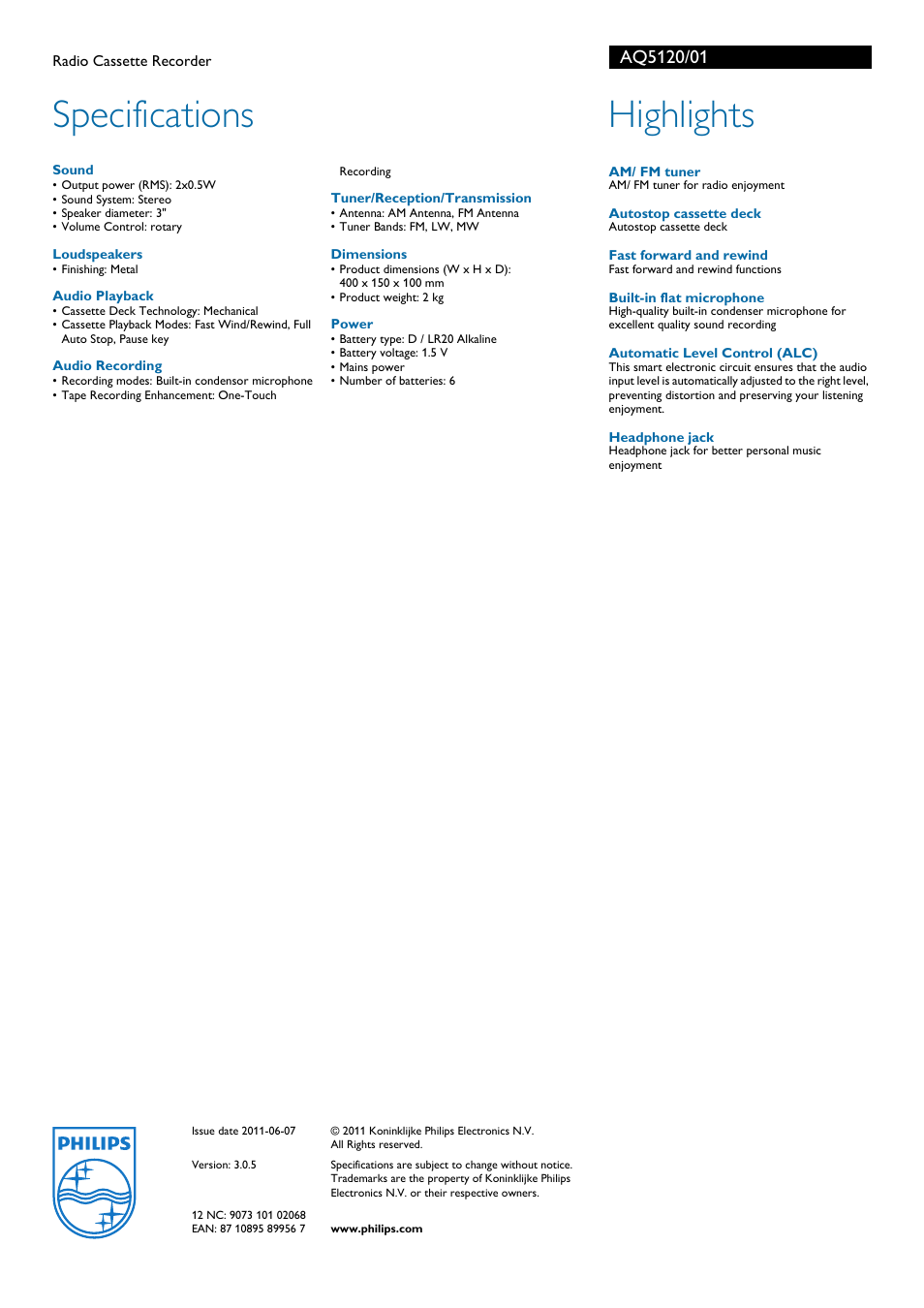 Specifications, Highlights | Philips AQ5120/01 User Manual | Page 2 / 2