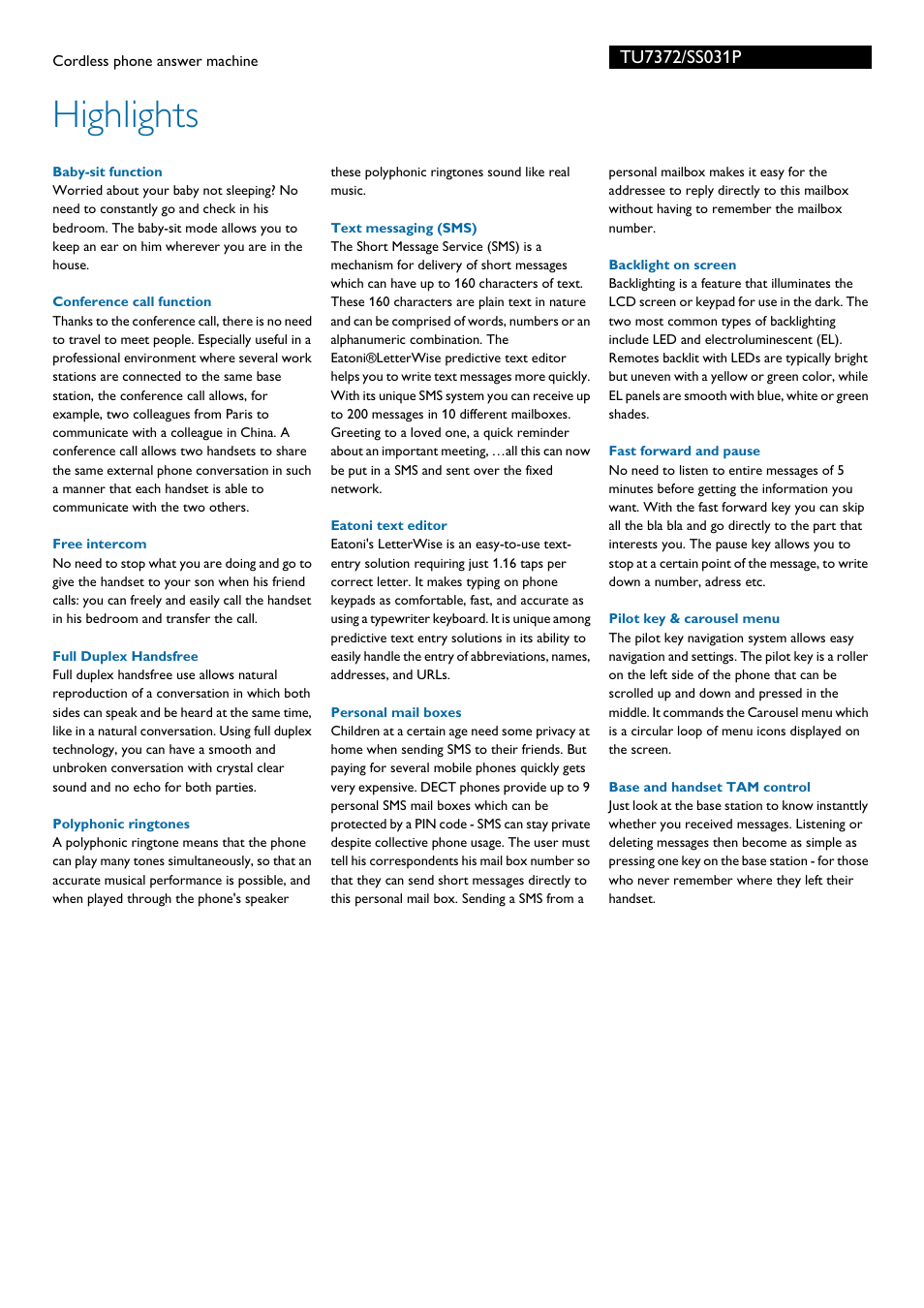 Highlights | Philips TU7372 User Manual | Page 2 / 3