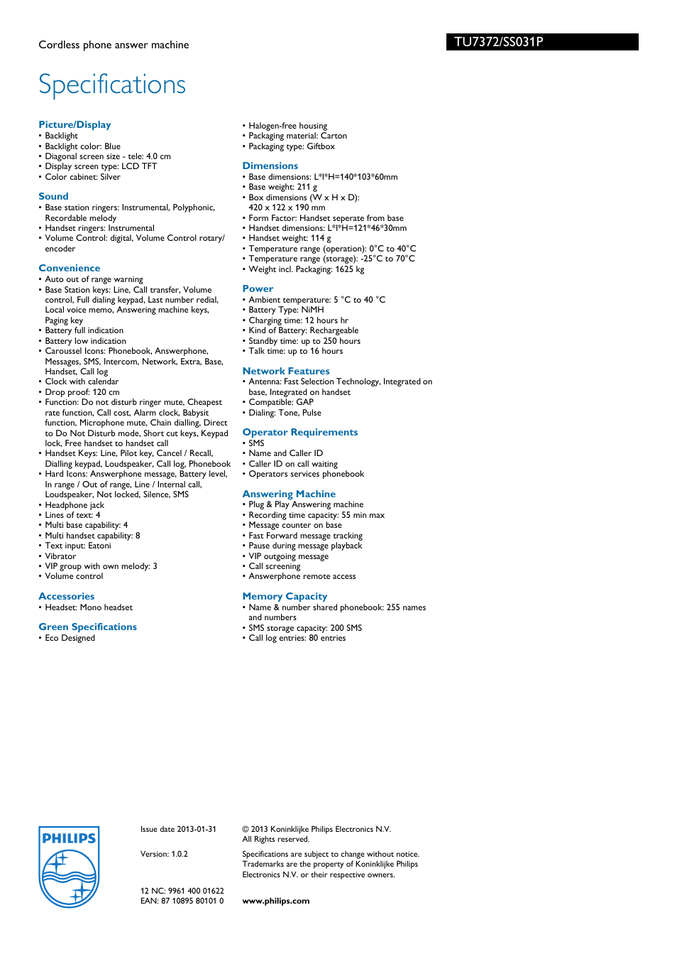 Specifications | Philips TU7372 User Manual | Page 3 / 3