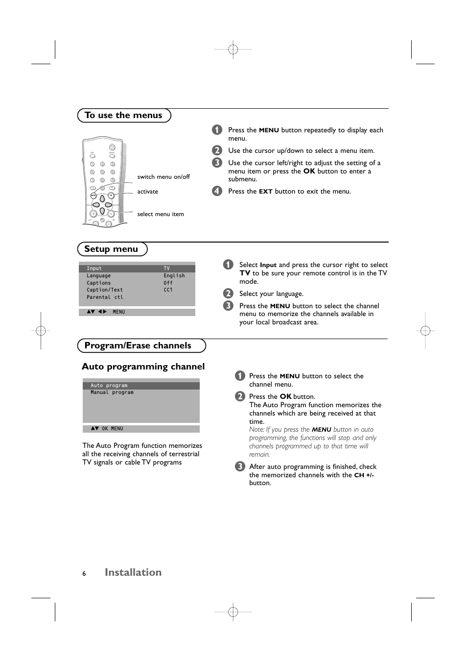 Installation, Program/erase channels auto programming channel | Philips 15PF9925/12S User Manual | Page 7 / 21