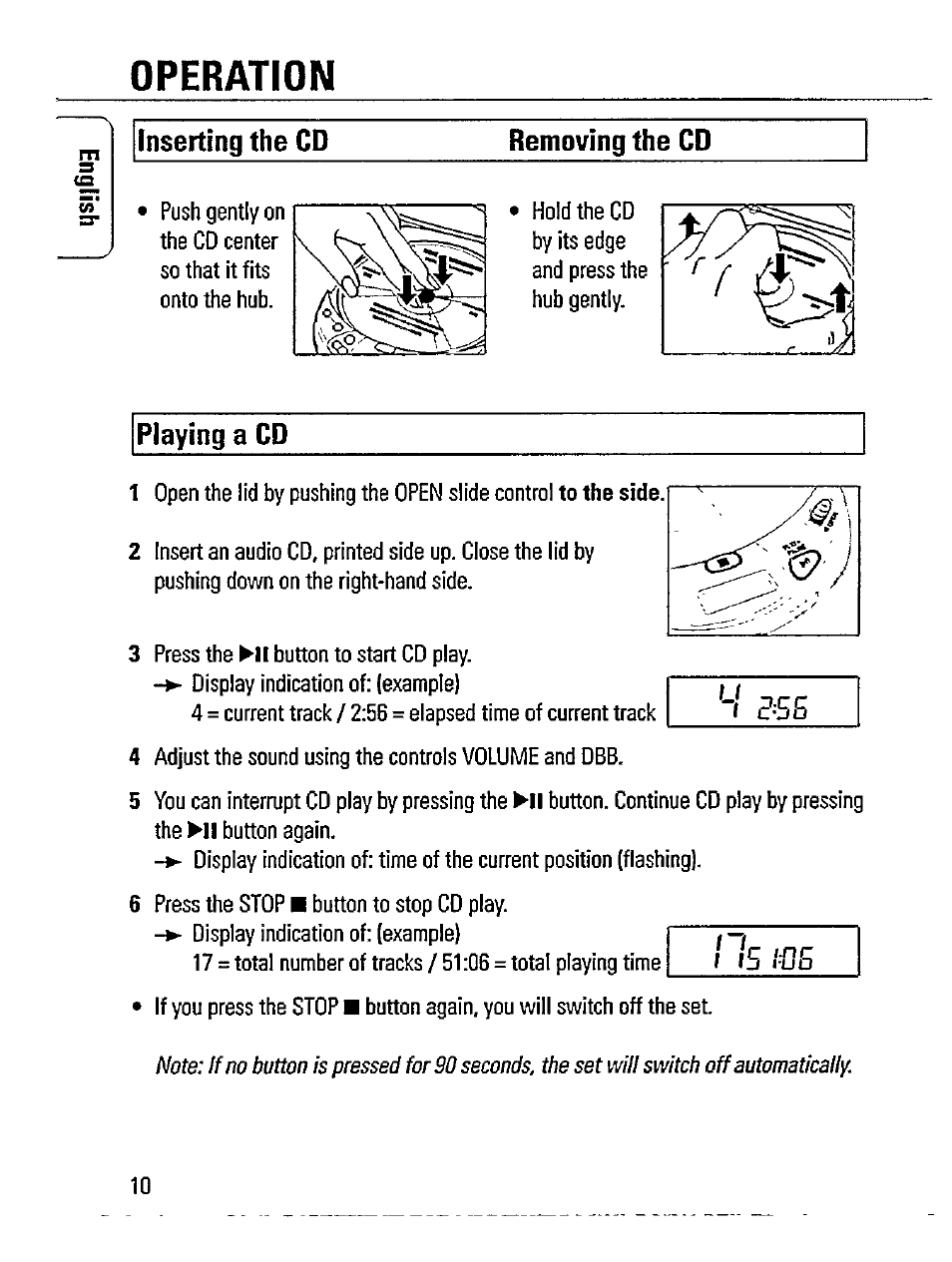 Operation, Inserting the cd removing the cd, Playing a cd | Philips AZ 7272/00R User Manual | Page 10 / 25