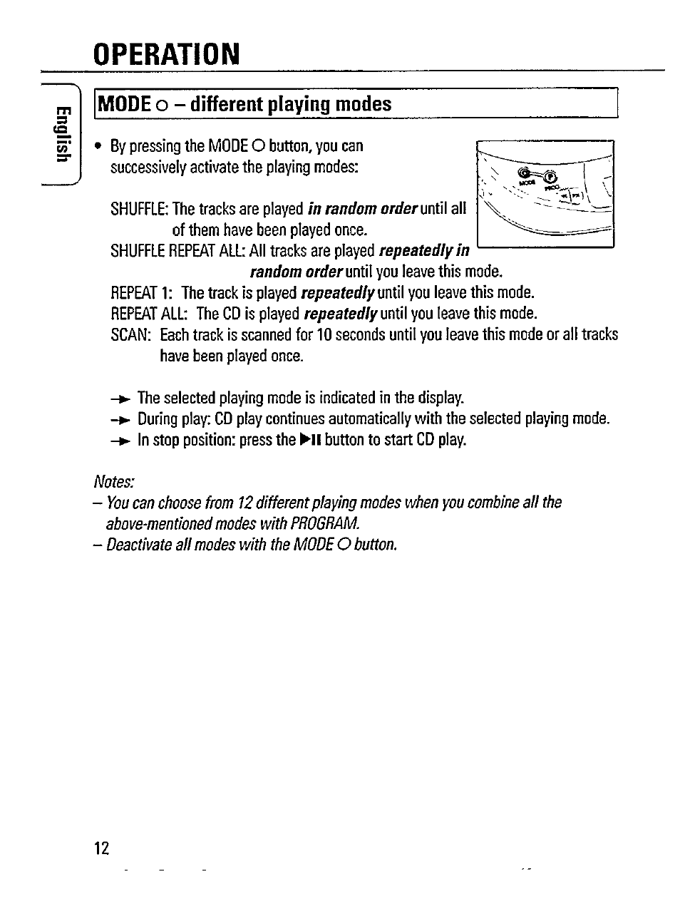 Mode o - different playing modes, Operation, Mode | Different playing modes | Philips AZ 7272/00R User Manual | Page 12 / 25