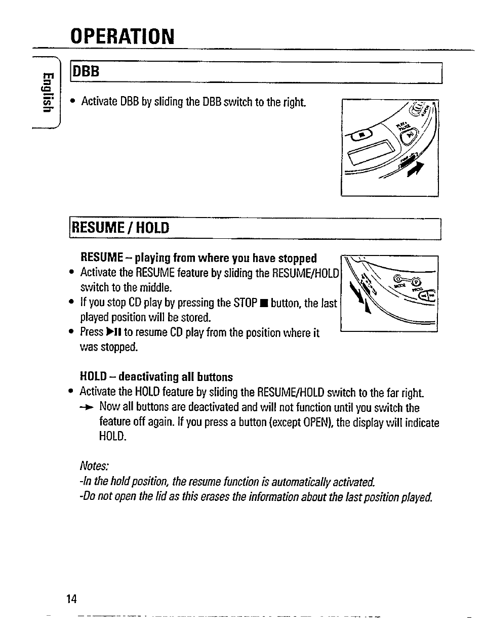 Operation, Resume/hold | Philips AZ 7272/00R User Manual | Page 14 / 25