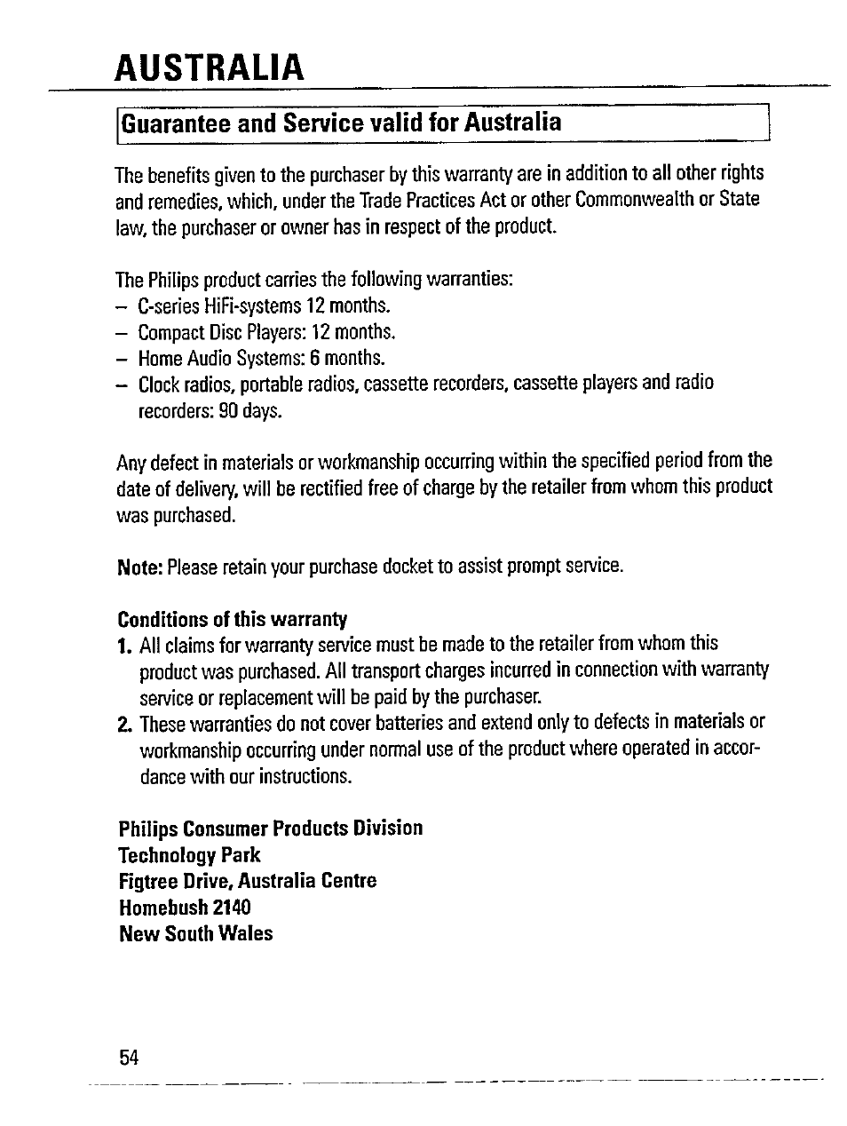 Australia, Conditions of this warranty, Philips consumer products division | Guarantee and service valid for australia | Philips AZ 7272/00R User Manual | Page 18 / 25