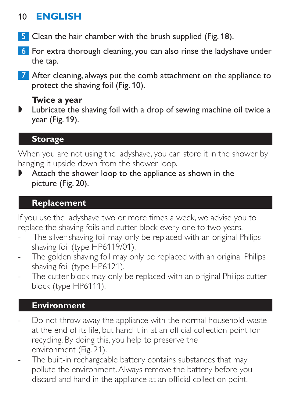 Twice a year, Storage, Replacement | Environment | Philips HP6319/01 User Manual | Page 10 / 64