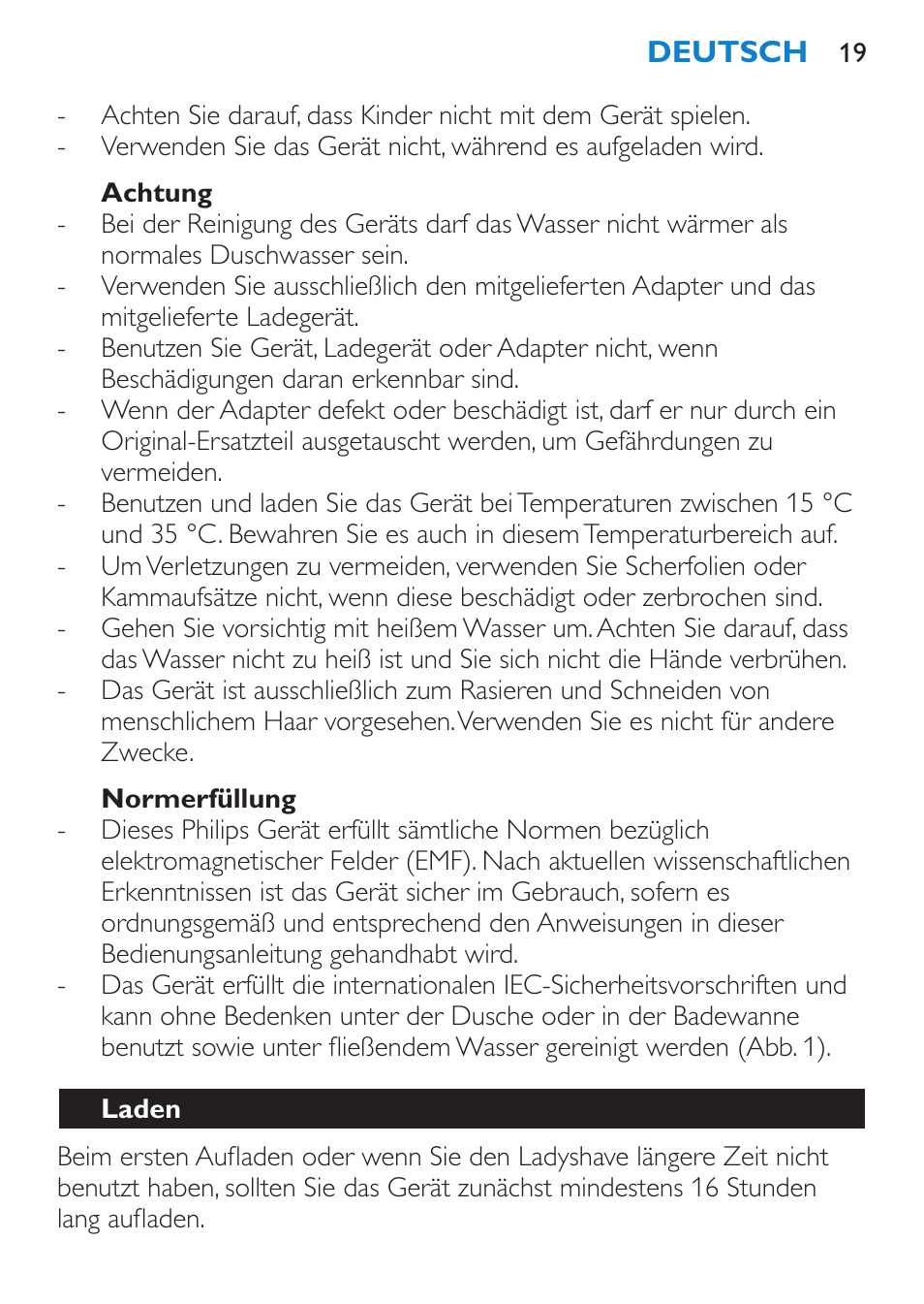 Achtung, Normerfüllung, Laden | Philips HP6319/01 User Manual | Page 19 / 64