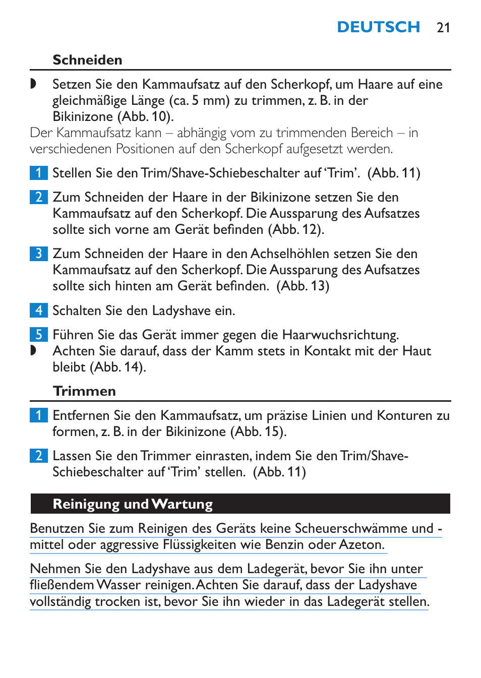 Schneiden, Trimmen, Reinigung und wartung | Philips HP6319/01 User Manual | Page 21 / 64