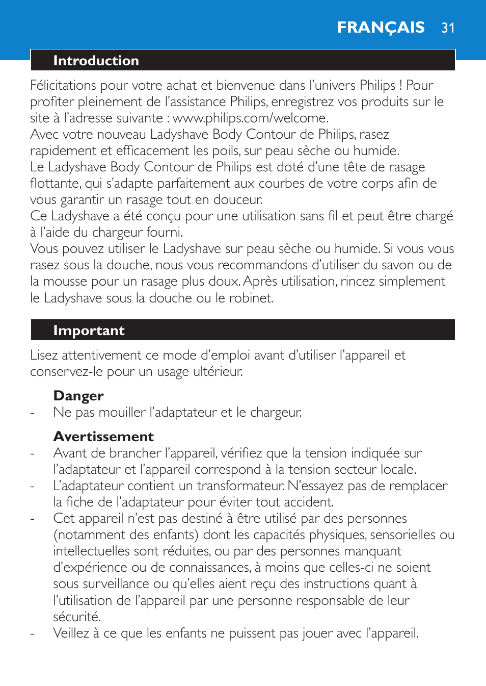 Danger, Avertissement, Français | Introduction, Important | Philips HP6319/01 User Manual | Page 31 / 64