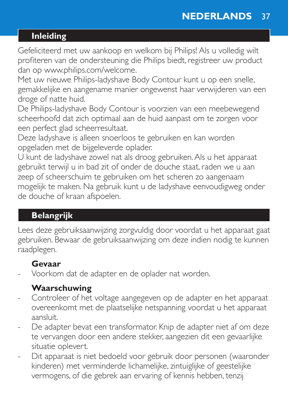 Gevaar, Waarschuwing, Nederlands | Inleiding, Belangrijk | Philips HP6319/01 User Manual | Page 37 / 64