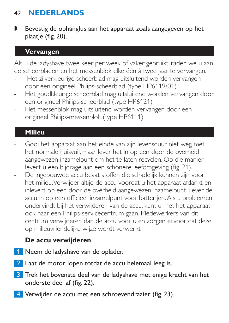De accu verwijderen, Vervangen, Milieu | Philips HP6319/01 User Manual | Page 42 / 64
