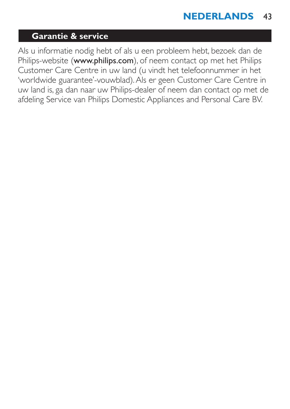 Garantie & service | Philips HP6319/01 User Manual | Page 43 / 64