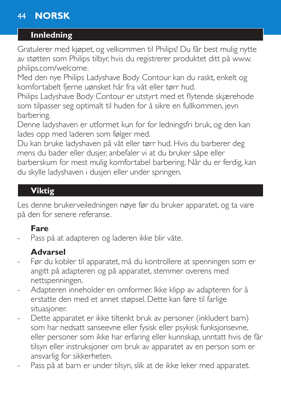 Fare, Advarsel, Norsk | Innledning, Viktig | Philips HP6319/01 User Manual | Page 44 / 64