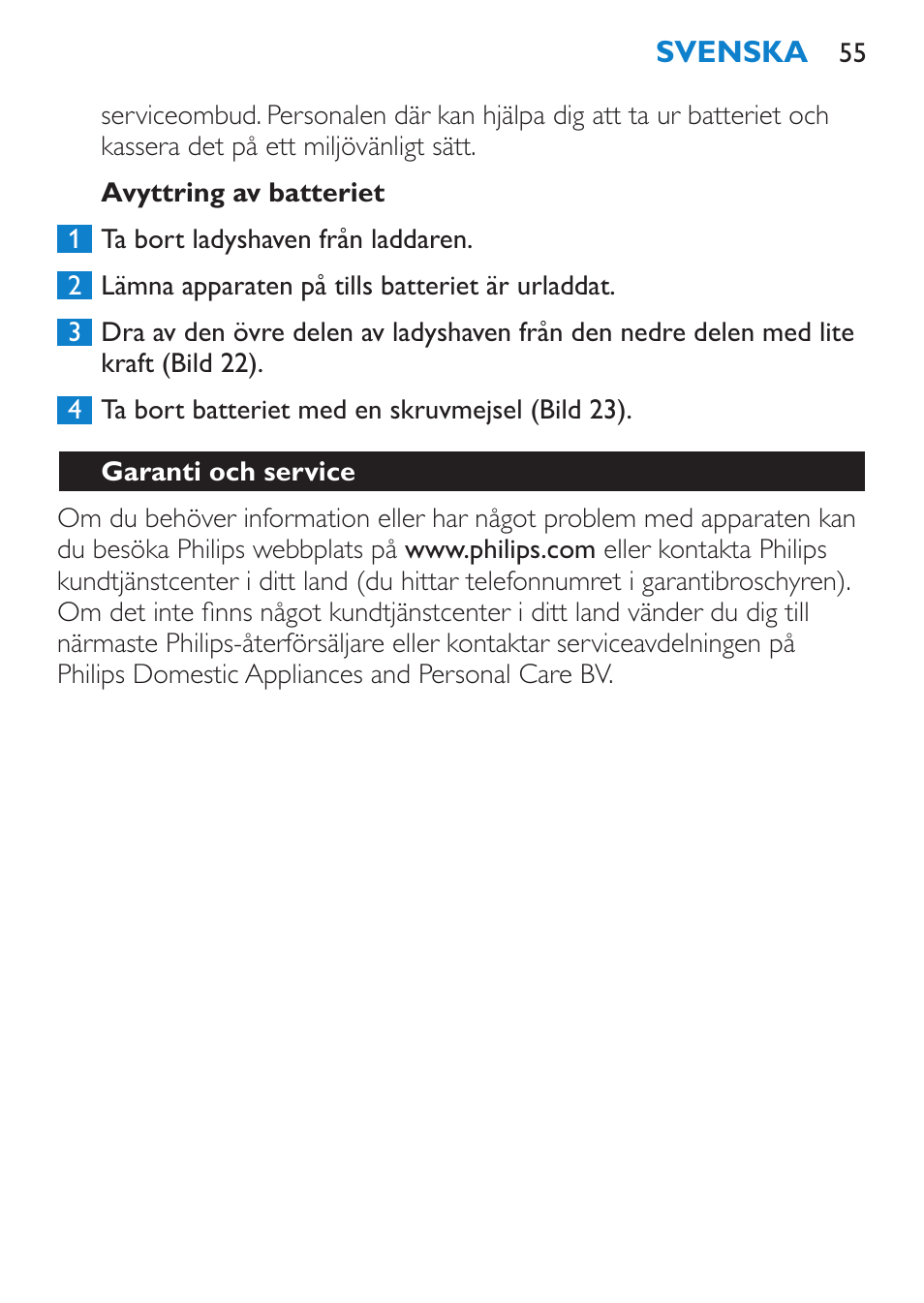 Avyttring av batteriet, Garanti och service | Philips HP6319/01 User Manual | Page 55 / 64