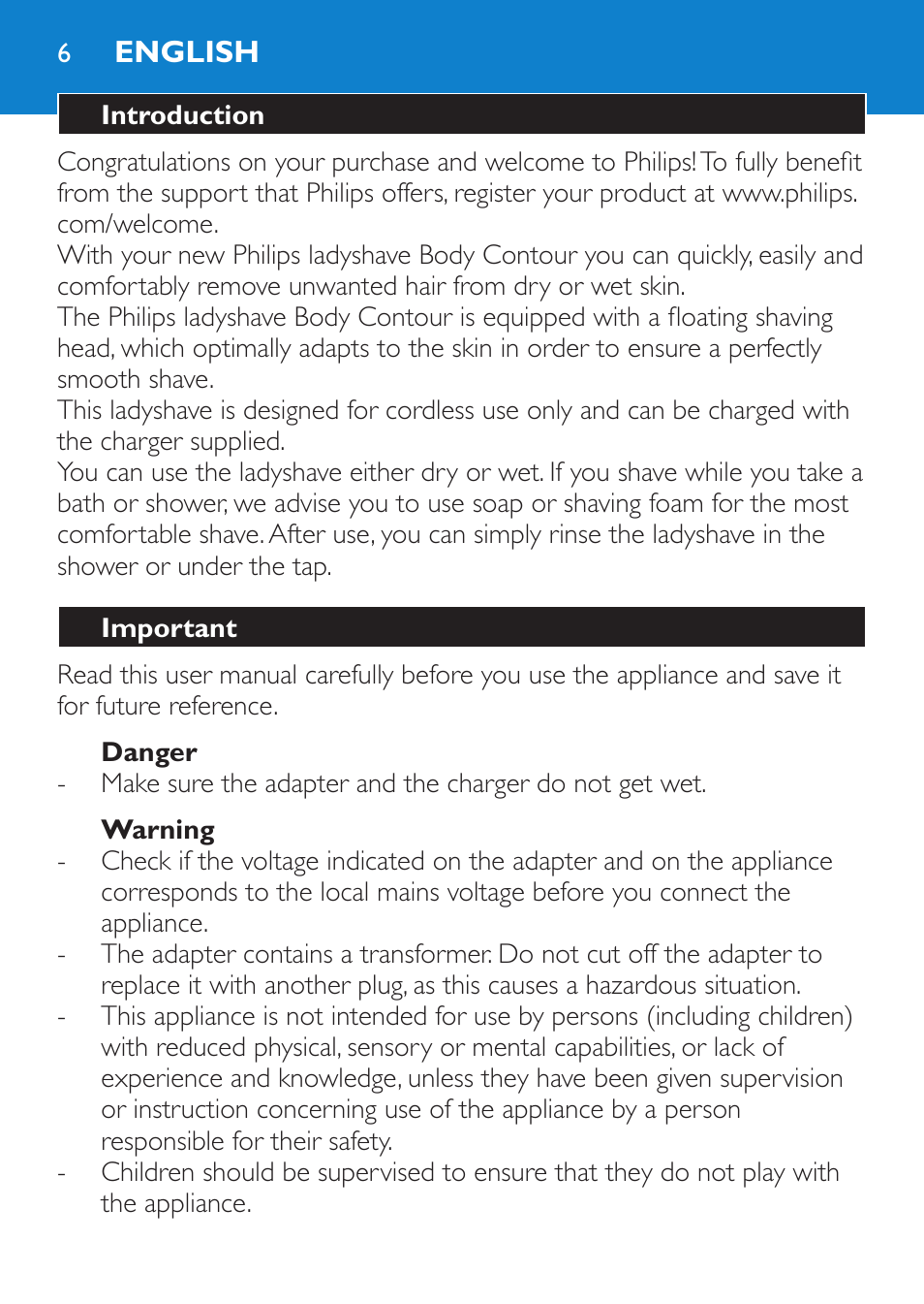 English, Introduction, Important | Danger, Warning | Philips HP6319/01 User Manual | Page 6 / 64
