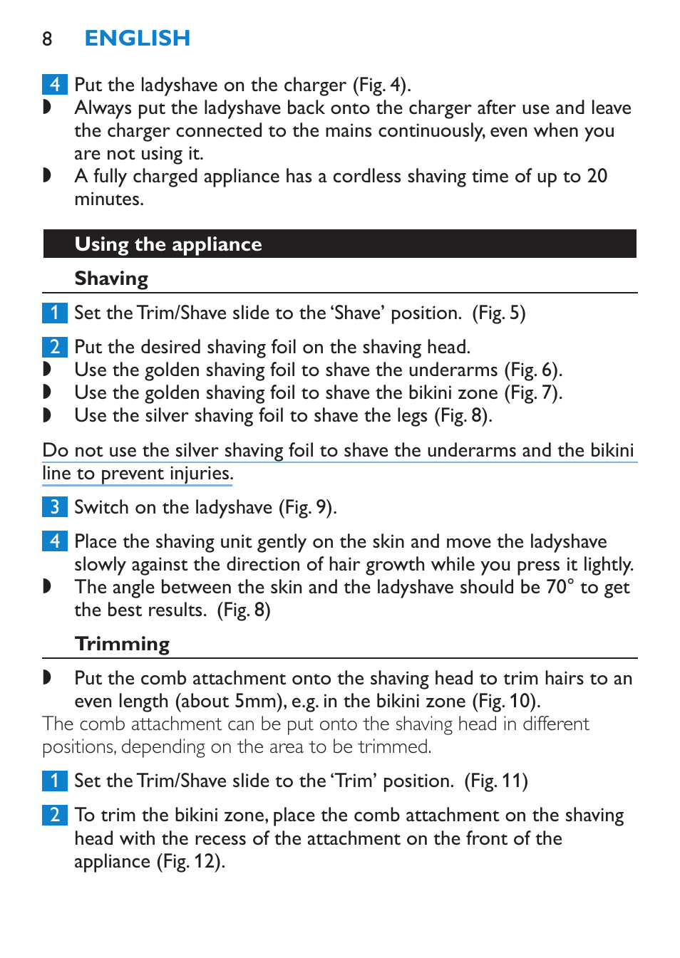 Using the appliance, Shaving, Trimming | Philips HP6319/01 User Manual | Page 8 / 64