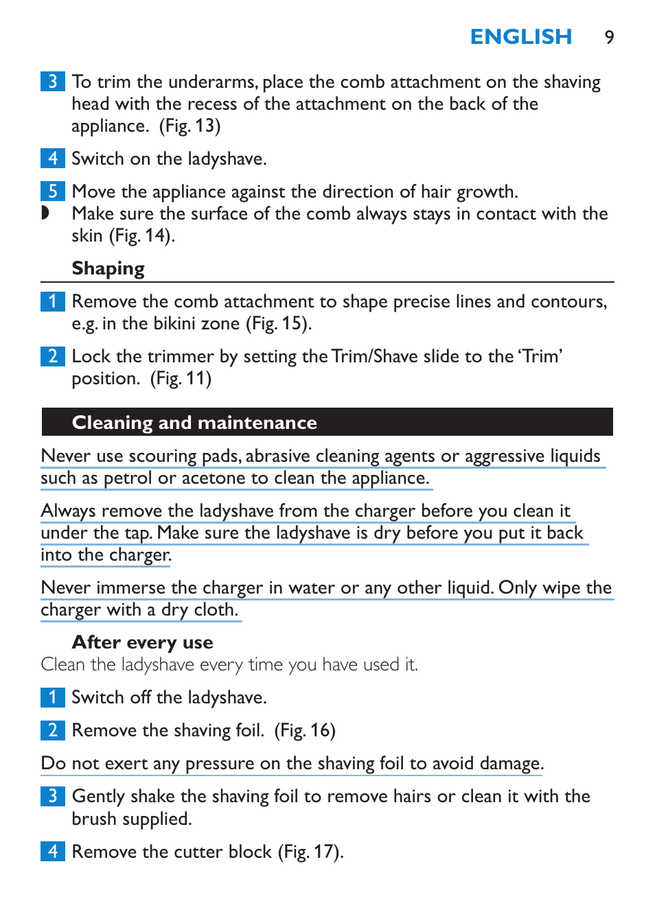 Shaping, After every use, Cleaning and maintenance | Philips HP6319/01 User Manual | Page 9 / 64