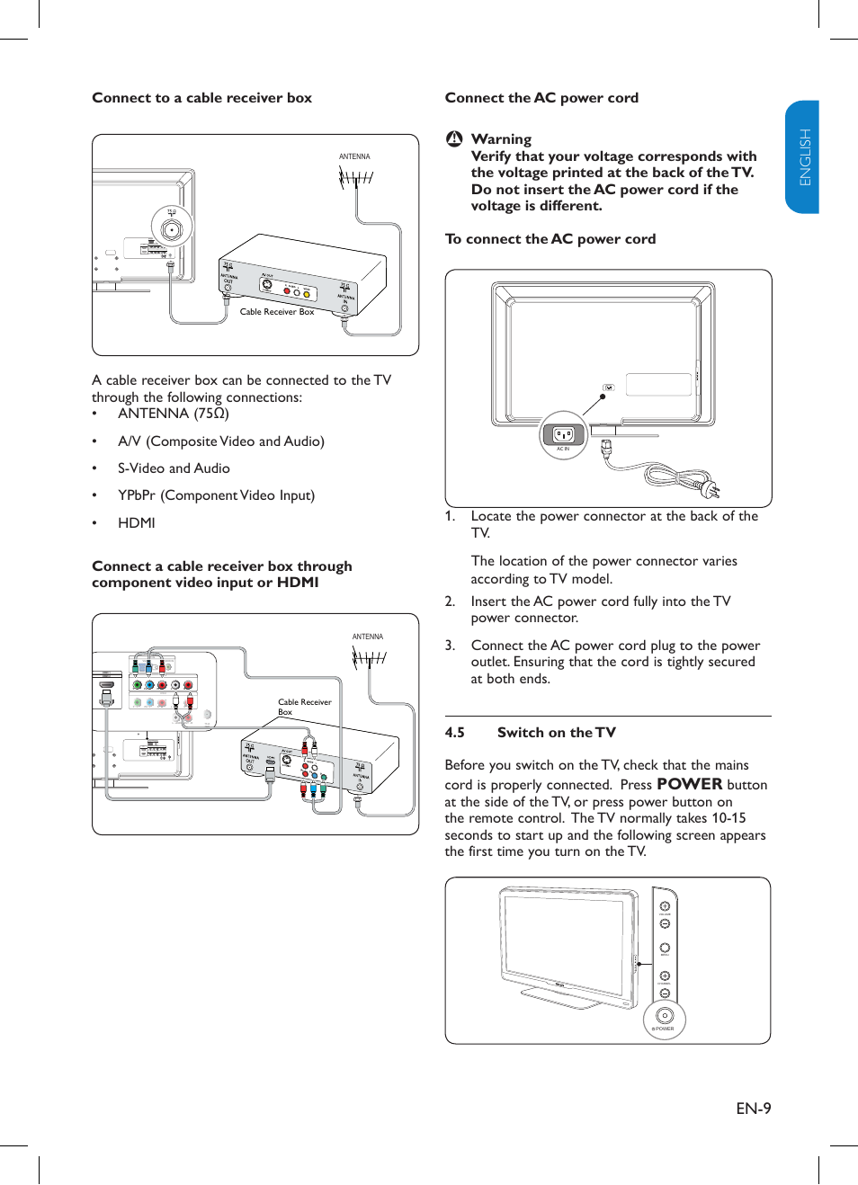 En-9, Power, Connect the ac power cord warning b | Philips TV-SCREEN 32HFL3330 User Manual | Page 10 / 55