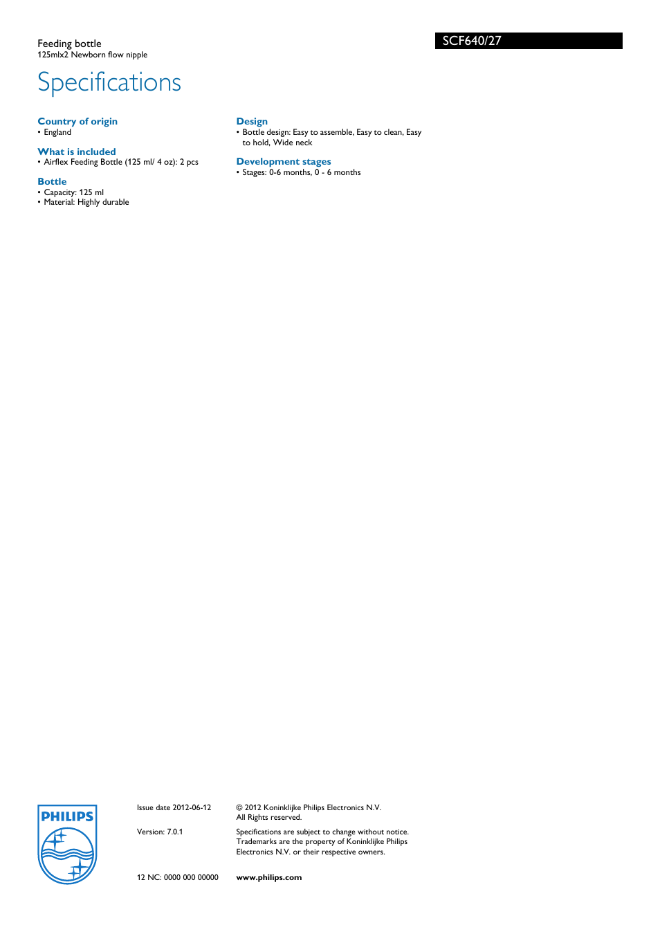 Specifications | Philips AVENT SCF640/27 User Manual | Page 2 / 2