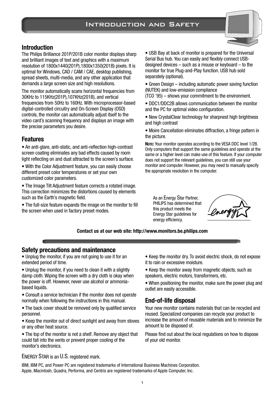 Introduction and safety, Safety precautions and maintenance, End-of-life disposal | Introduction, Features | Philips 21B582BH User Manual | Page 2 / 20
